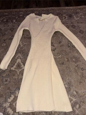 Cream Ribbed Long-Sleeve Knit Dress